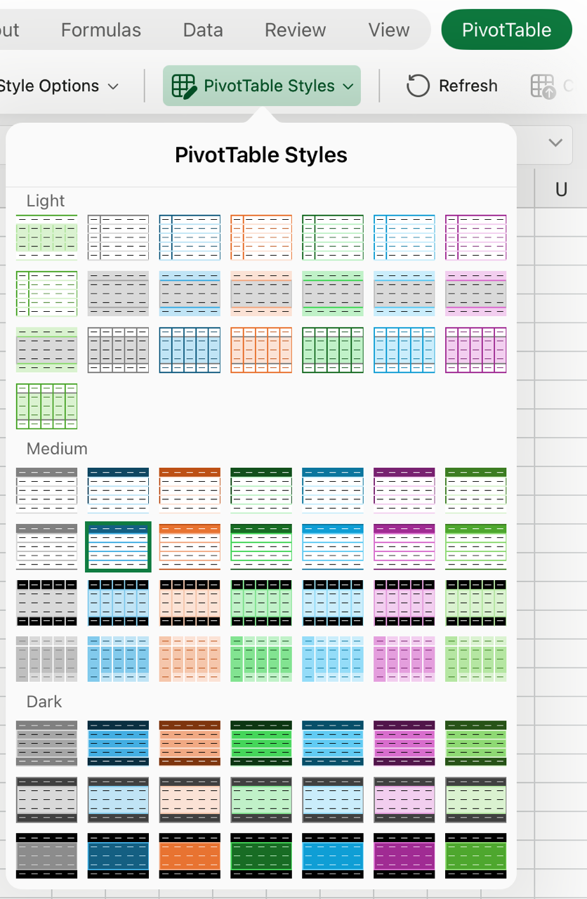 PivotTables Styles gallery on iPad