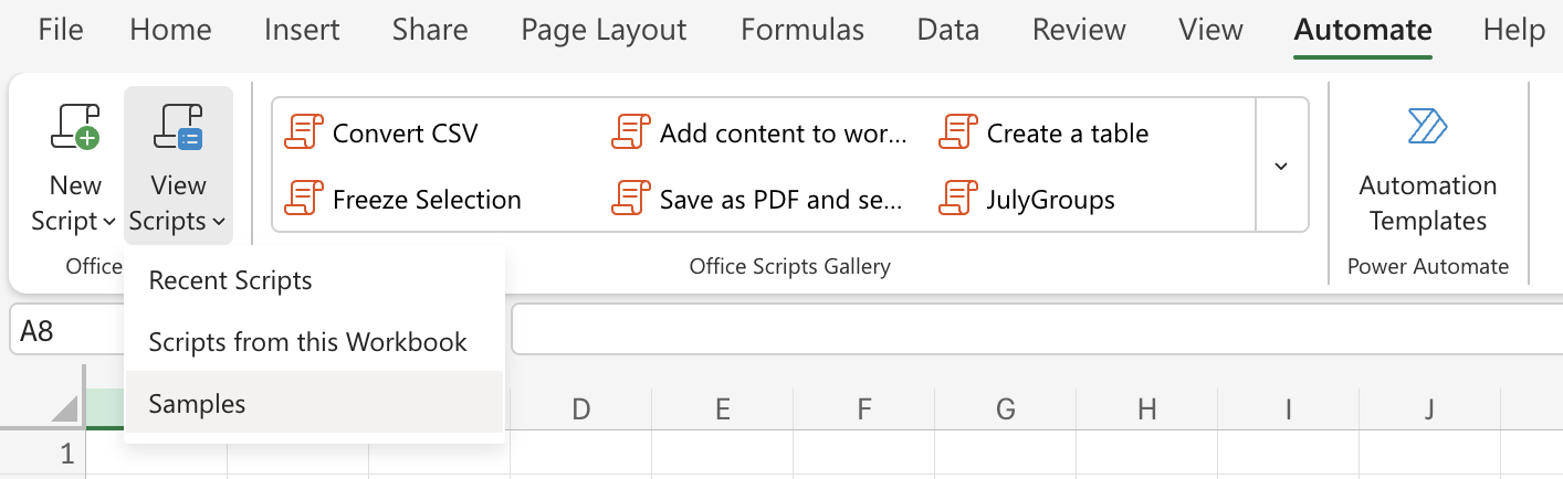Select Automate to see Office Scripts options.