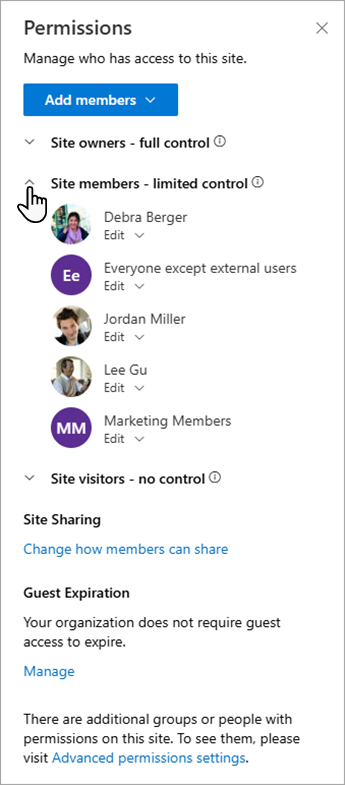 The Permissions dialog box that allows you to manage members and their permission levels.