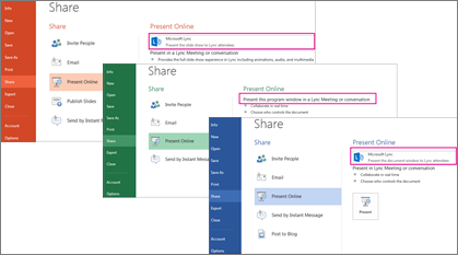 Share page in Word, Excel and PowerPoint with Skype for Business highlighted