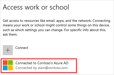 Screenshot that shows the "Access work or school" window with the "Connected to (your organization) Azure AD" account selected
