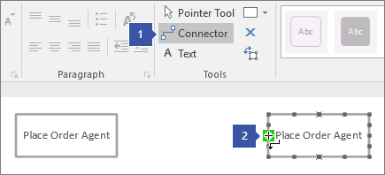 1 pointing to Connector tool, 2 pointing to cursor hovering over green highlighted connection point on lifeline shape