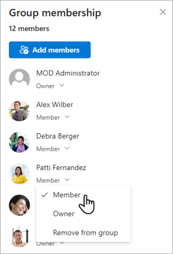 Group membership list with permission levels.
