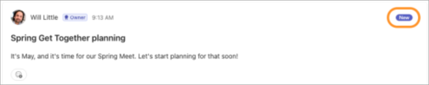 Screenshot highlighting the "new" badge on a new community post.