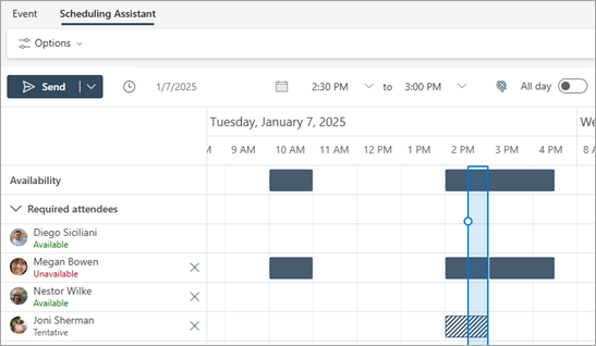 Scheduling Assistant can be especially useful when meeting attendees are in different time zones.