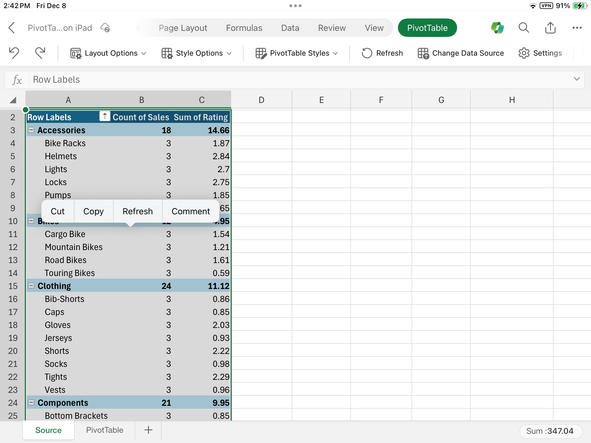 Cut PivotTable on iPad