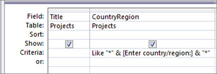 Query design grid with the following criteria in the CountryRegion column: Like "*" & [Enter country/region:] & "*"