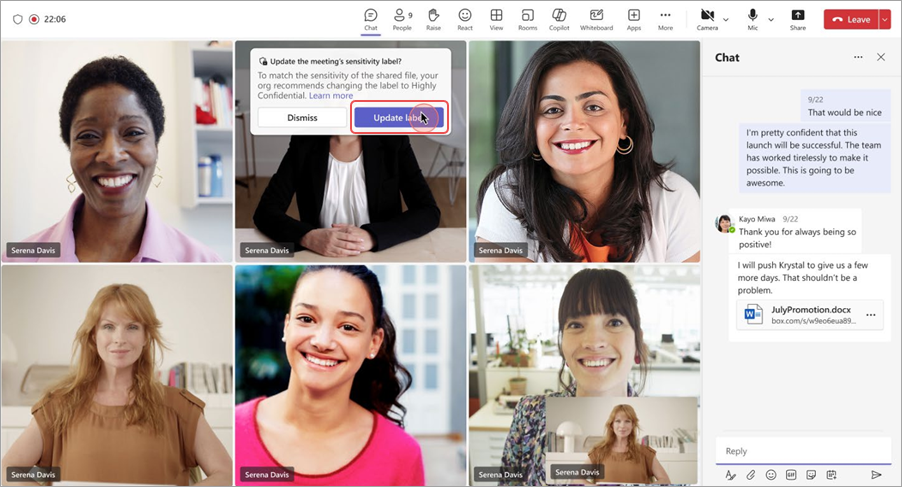 Screenshot of a sensitivity label update notification when a file is shared during a Microsoft Teams meeting.