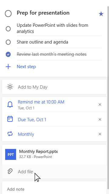 Detail view of the task Prep for presentation with Monthly Report.pptx attached and option to Add file selected