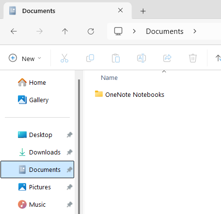Documents folder showing OneNote Notebook subfolder.