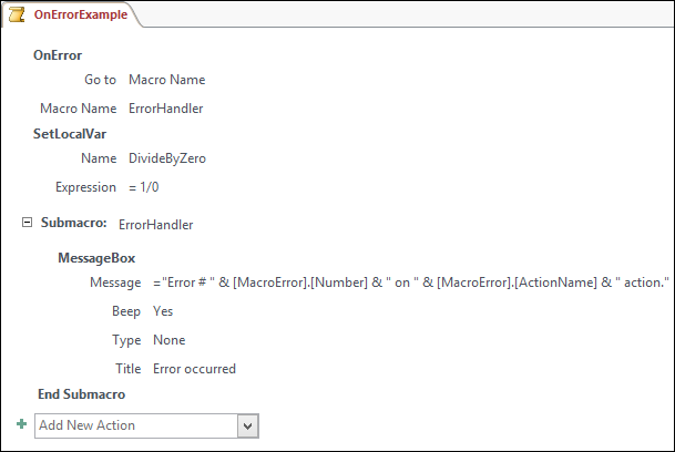 Access macro design surface displaying an OnError macro action.