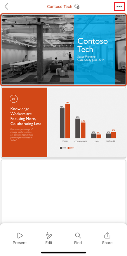 Screenshot of the mobile PowerPoint user interface, highlighting the More Options menu button.