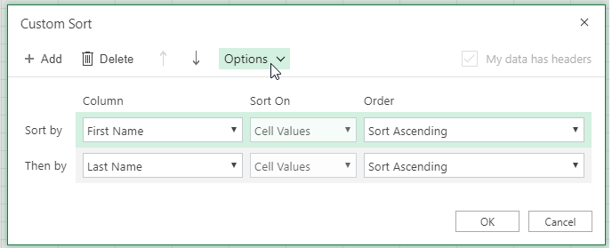 Custom sort dialog with the option button selected