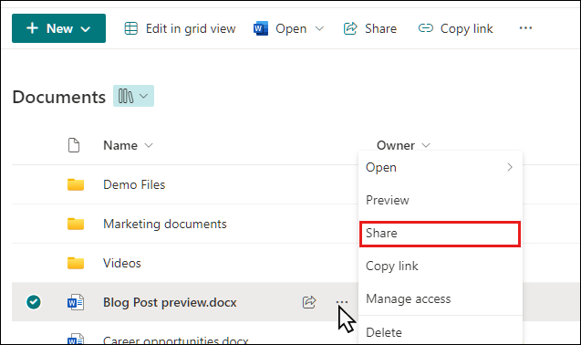 Start sharing a document in a SharePoint library