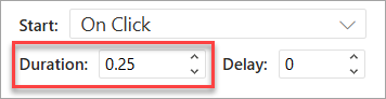 The Duration field when applying an animation in PowerPoint on the web.
