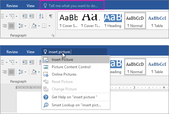Shows the "tell me" search box on the ribbon in Word.