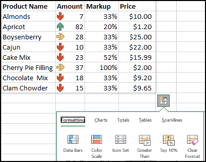 Using Quick Analysis to highlight data