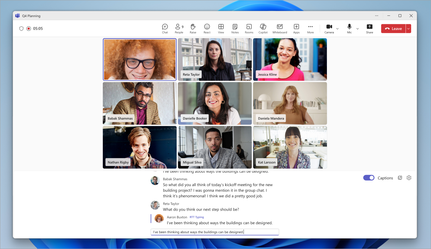 Screenshot showing the RTT experience in a Microsoft Teams meeting.