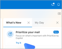 Shows the What's New tab in Outlook on Mac. There's a "Try it" link under "Prioritize your mail."