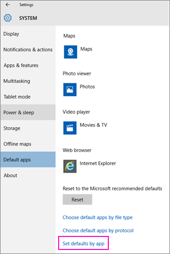 Screenshot of the Set Defaults by App setting in Windows 10.